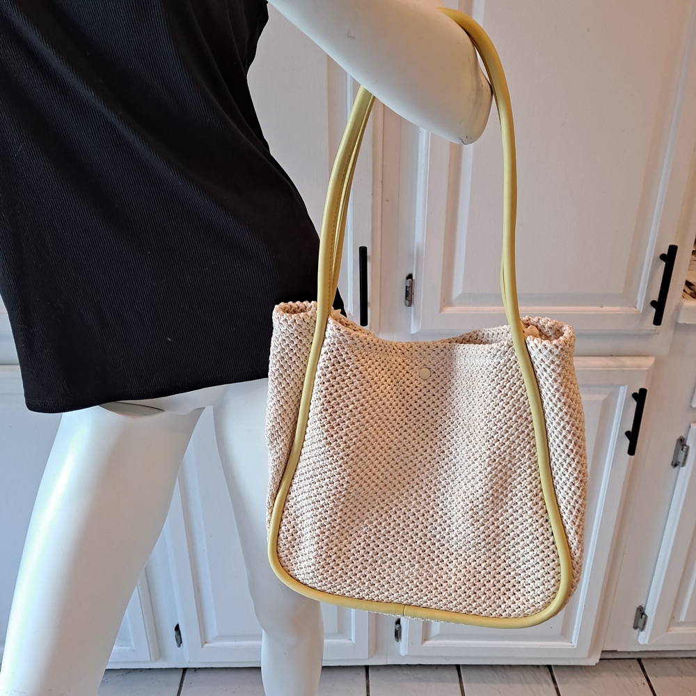 Elegant Cream and Yellow PU Woven Shoulder Bag Tote